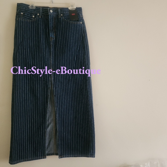 Levi's Ankle Column Denim Skirt Striped Partly Masked - Dark Wash NO LOW BALLING - Picture 8 of 12